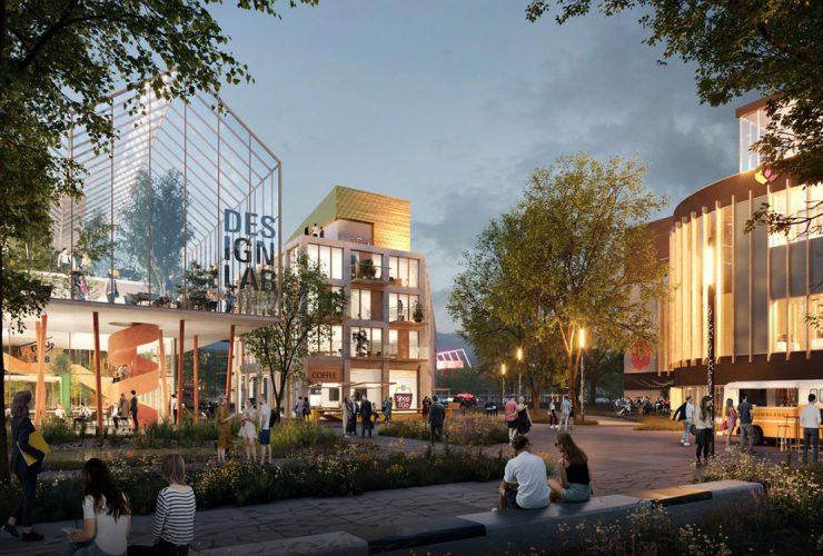 3D beeld met modern glazen design lab en kantoorpanden